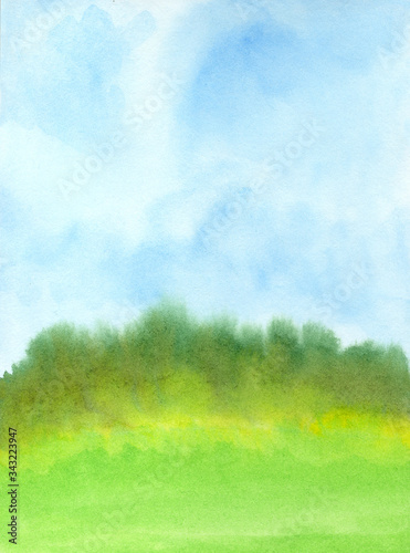 Hill and bushes on a background of light blue sky, Watercolor sketch.