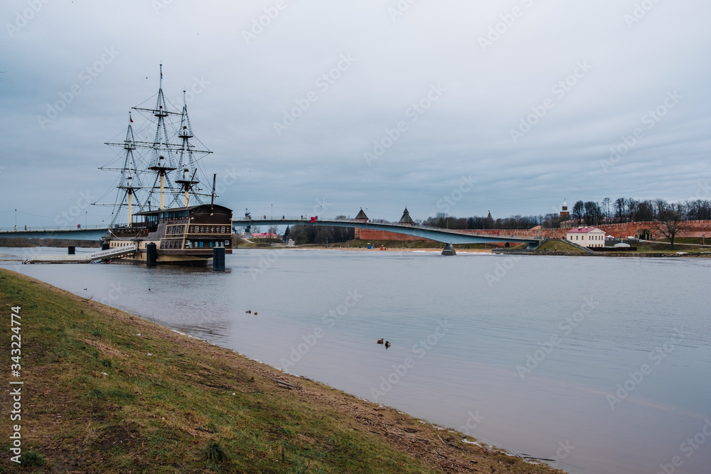 Old ship on the Volkhov river in Veliky Novgorod. Russia