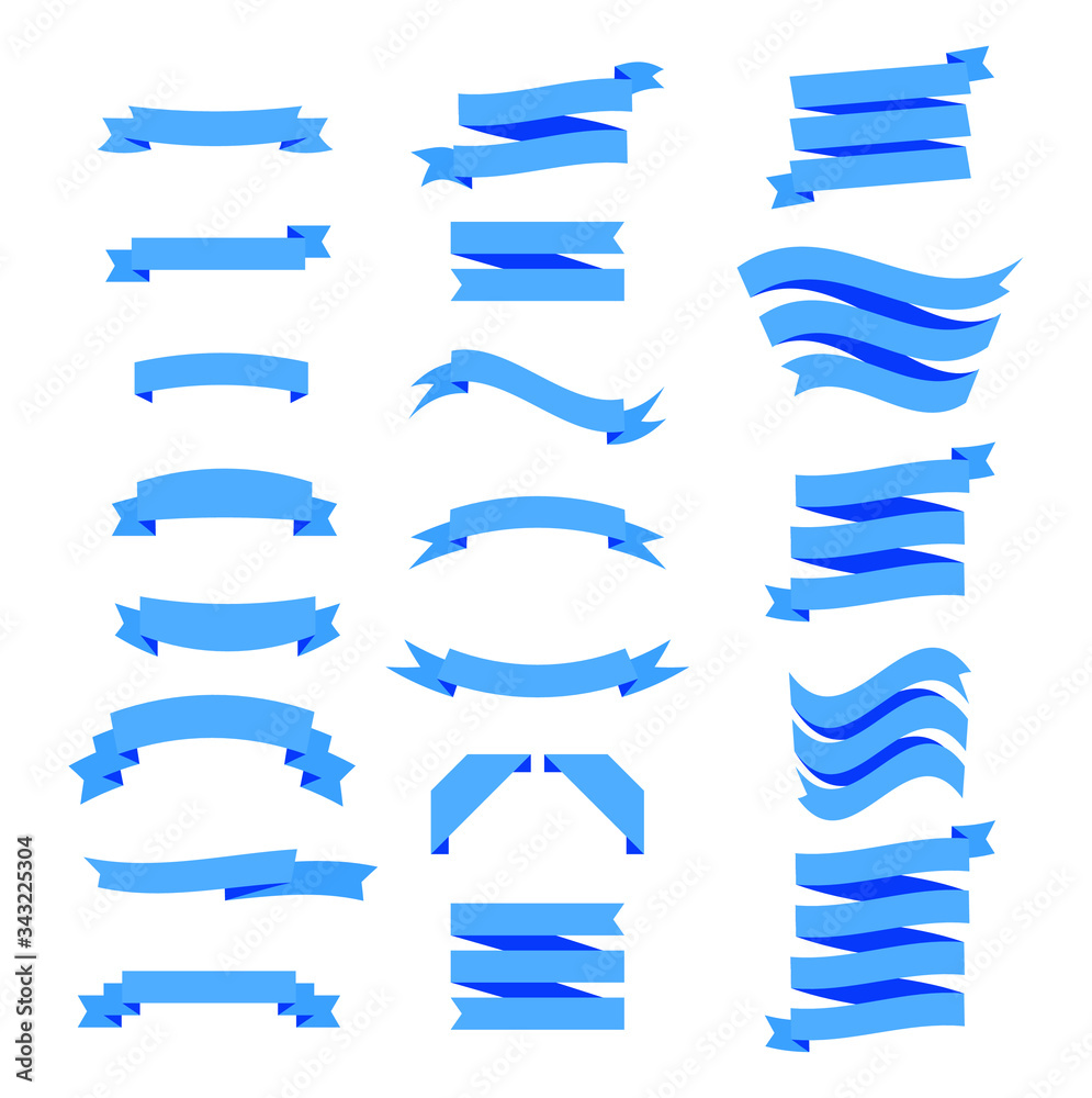 Flat vector ribbons banners. Illustration set of blue tape. Vector illustration on white isolated background. Flat vector ribbons banners. Illustration set of blue tape. Vector illustration on white isolated background.