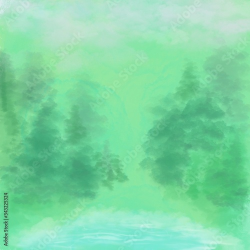 green forest natural background with coastline