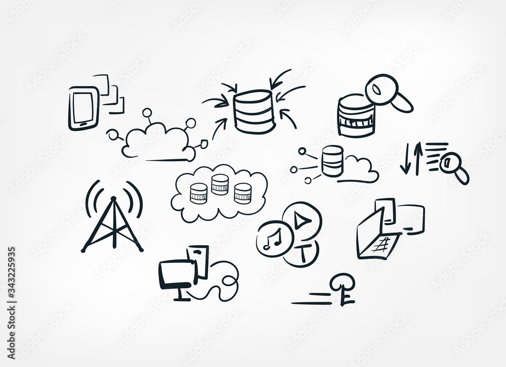 big data information cloud line art doodle vector symbol sign concept set - obrazy, fototapety, plakaty 