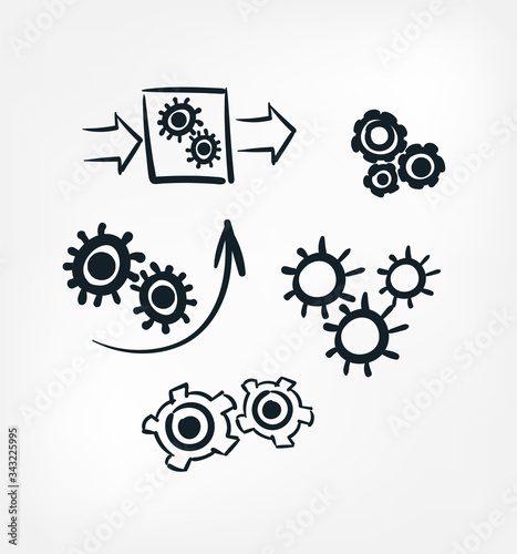 gears mechanism process line art doodle vector symbol sign concept set