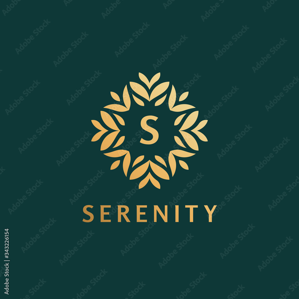 Fototapeta premium Premium linear ornamental letter S logo or monogram. Feminine floral decorative logo with leaf frame. Luxury alphabet symbol for cosmetics, organic, jewelry, beauty brand.