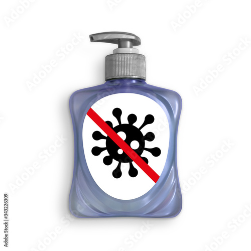 Hand sanitizer, washing gel, liquid soap, alcohol rub, pump bottle dispenser close up, isolated with a stop kill remove coronavirus symbol on the label