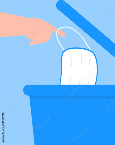 Medical mask is put into bin. Man throws away, disposes of used surgical mask. Health care instruction vector