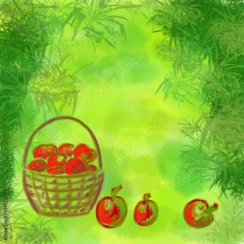 garden basket with red apples among green leaves