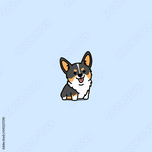 Cute corgi tricolor puppy sitting cartoon icon, vector illustration