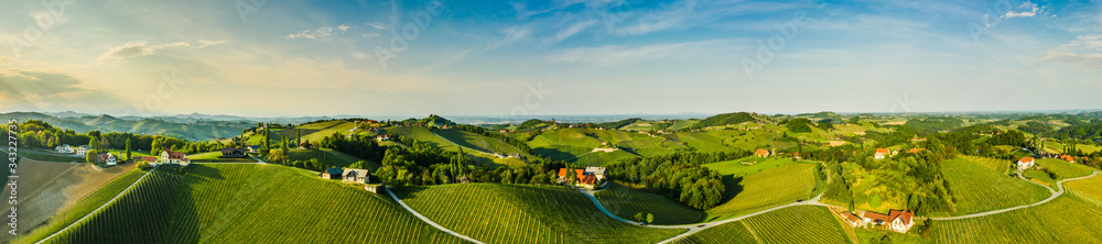 South styria vineyards aerial panoram landscape, Grape hills view from wine road in spring.