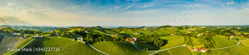 South styria vineyards aerial panoram landscape, Grape hills view from wine road in spring.