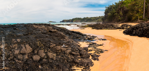 Waves Crash Over Exposed Coral Reef With Kilauea Lighthouse in The Distance, Kauapea Beach (Secret Beach), Kauai, Hawaii, USA photo