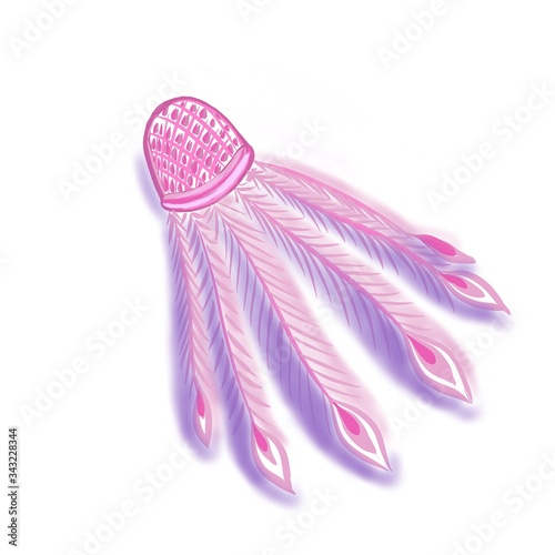 a glamorous pink shuttlecock with purple feathers