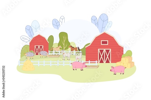 Farm Red Barn with Pig Horse Sheep Goat in Corral