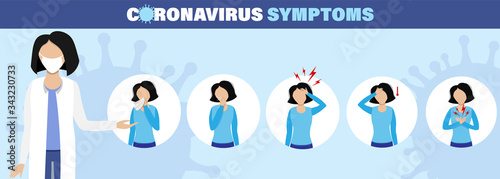 Coronavirus alert inforgaphic symptoms. Epidemic situation, covid-19 infection, fever and cough. Pandemia of world.