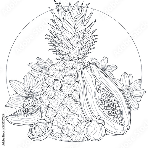 Exotic fruits and flowers. Pineapple, Papaya, Mangosteen.Coloring book antistress for children and adults. Zen-tangle style.Black and white drawing