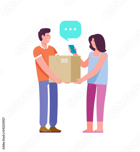 Delivery service. Courier passes box with parcel to customer