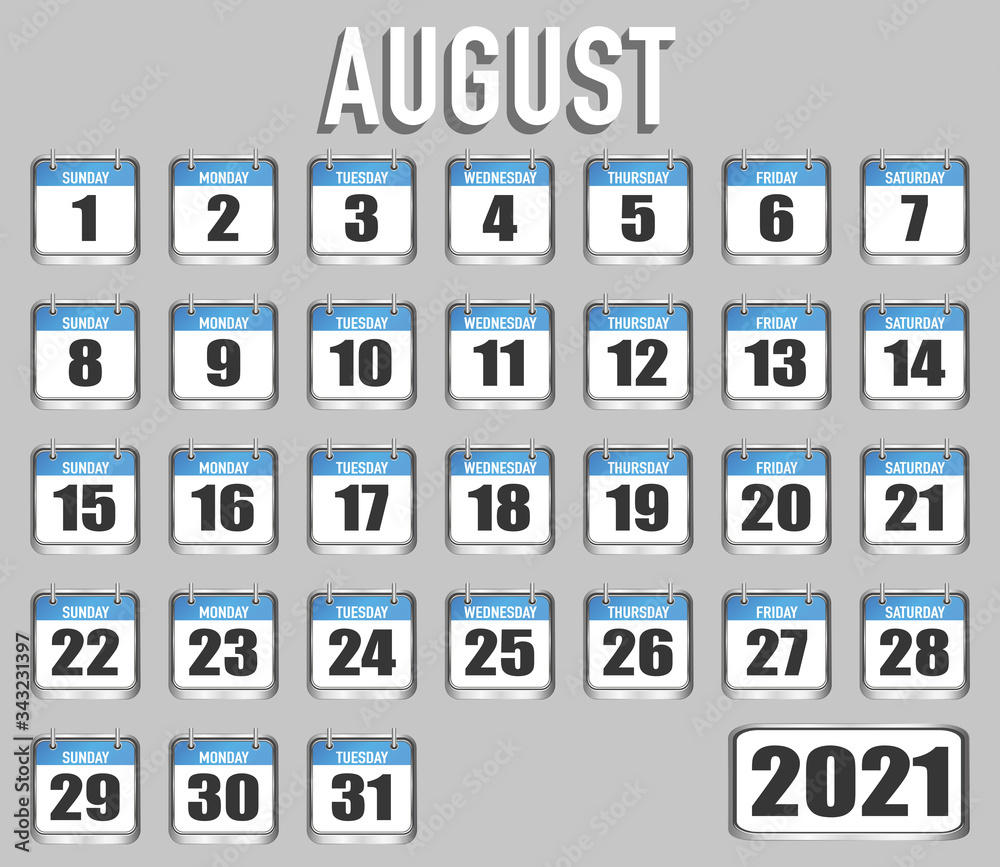 August of 2021 year. Month, day, week. Simply trendy design. Vector illustration background for web, business, reminder, planner, organiser August of 2021 year. Month, day, week. Simply trendy design. Vector illustration background for web, business, reminder, planner, organiser