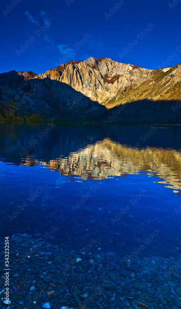 Reflection of Laurel Mountain and Sevehah Cliff Surrounded by Fall Color on Convict Lake, Mammoth Lakes, California, USA