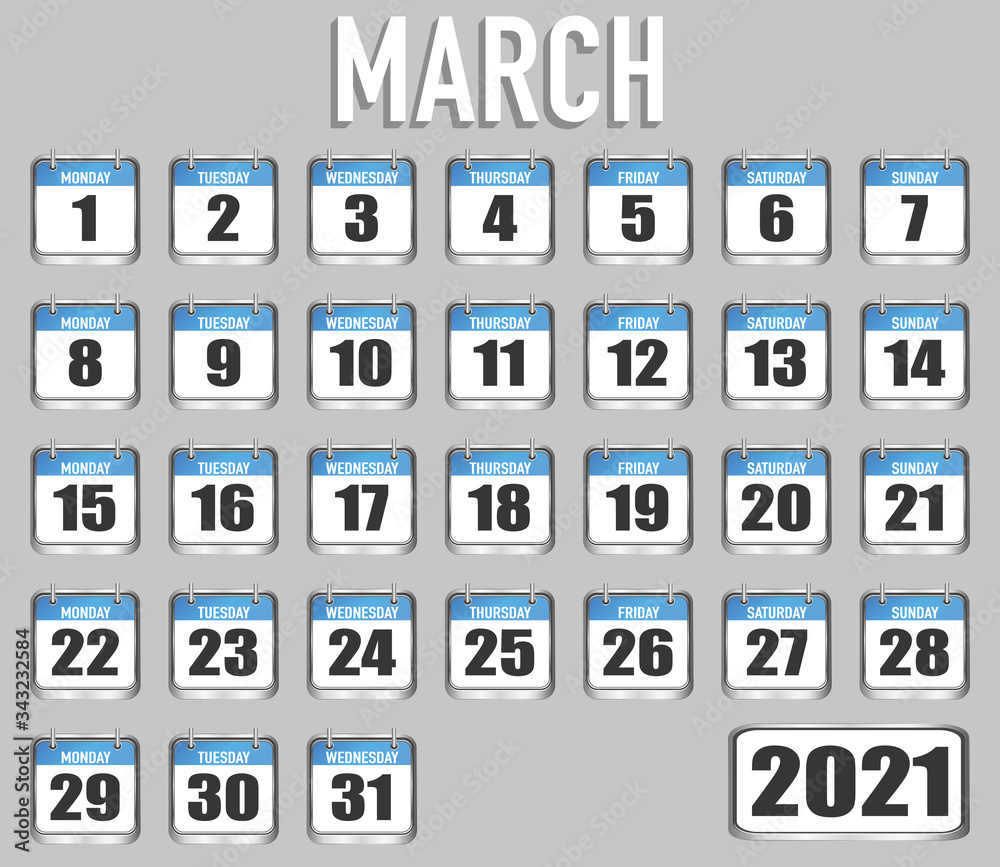 March of 2021 year. Month, day, week. Simply trendy design. Vector illustration background for web, business, reminder, planner, organiser March of 2021 year. Month, day, week. Simply trendy design. Vector illustration background for web, business, reminder, planner, organiser