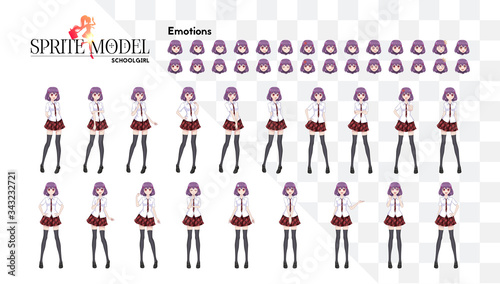 Set of emotions. Sprite full length character for game visual novel. Anime manga girl  Cartoon character in Japanese style. In a white shirt  a red skirt in a cage  a tie and black stockings-tights