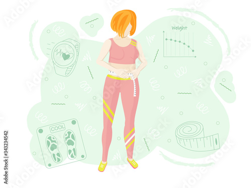 Vector illustration of a chewing gum that is losing weight. The girl measures the size of the waist. Proper nutrition and weight loss. Conceptual background on the topic of weight loss.