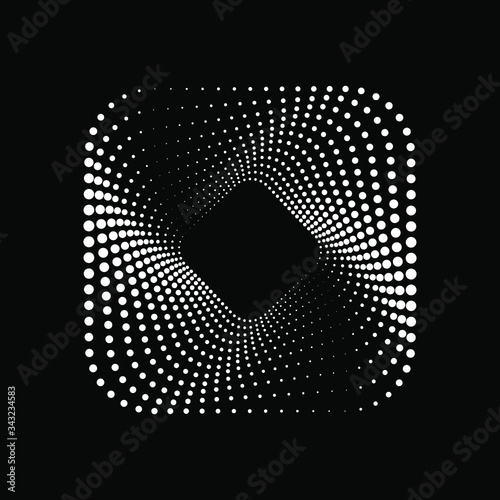 White halftone dots in rounded square form. Geometric art. Halftone dots. Trendy design element for logo, tattoo, sign, symbol, web, prints, posters, template, pattern and abstract background