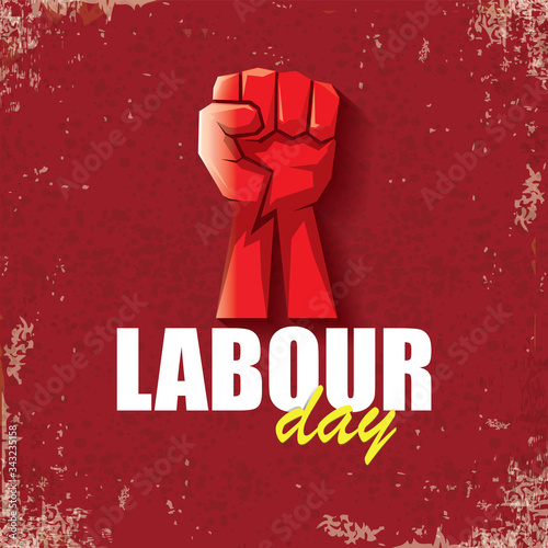 1 may Happy labour day vector label with strong protest fist in the air on vintage red background. vector happy labor day background or banner with man hand. workers may day poster