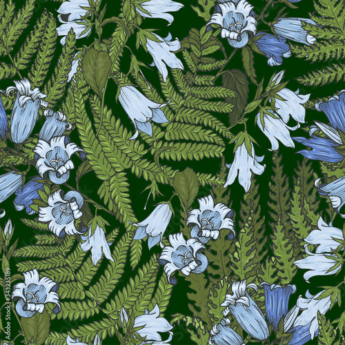 Bluebell flowers and fern leaves on a dark green background, seamless vector illustration