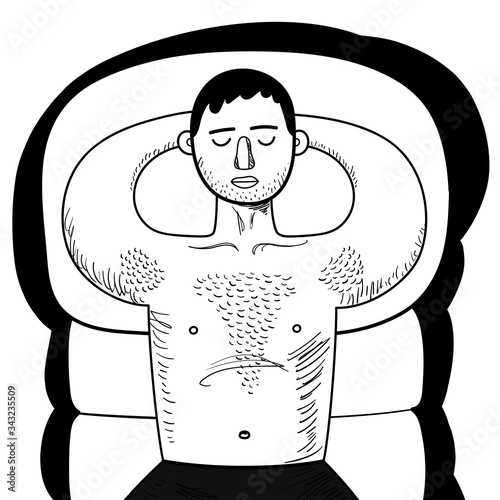 Chubby guy with hairy chest sunbathes on inflatable swimming mattress. Man lying with eyes closed. Relax. Black and white line art isolated