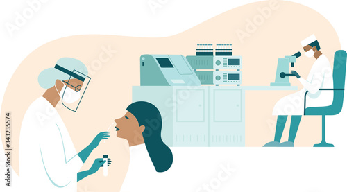 Coronavirus COVID-19 diagnostics. Doctor wearing full antiviral protective gear making nasal swab test for patient. Labaratory assistant examines test samples with microscope. 