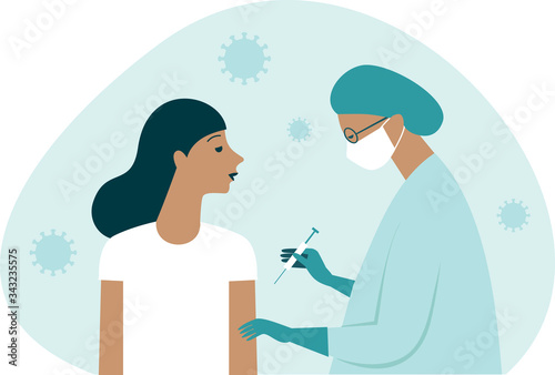 Doctor in protective suit inject vaccine shot to patient. Iimmunity stimulation to minimise risk of coronavirus infection. Covid-19 vaccination concept.