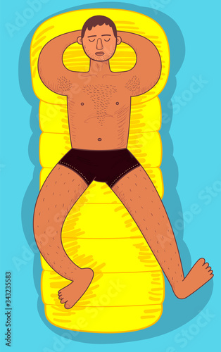 Young man hairy chest sunbathes on yellow inflatable swimming mattress. Arms under head. Full growth. Top view. Summer sun sea relax vector illustration