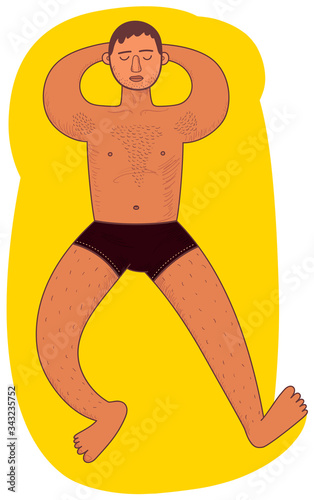 Young man hairy chest sunbathes. Arms under head. Full growth. Top view. Summer sun sea relax vector illustration isolated on white background