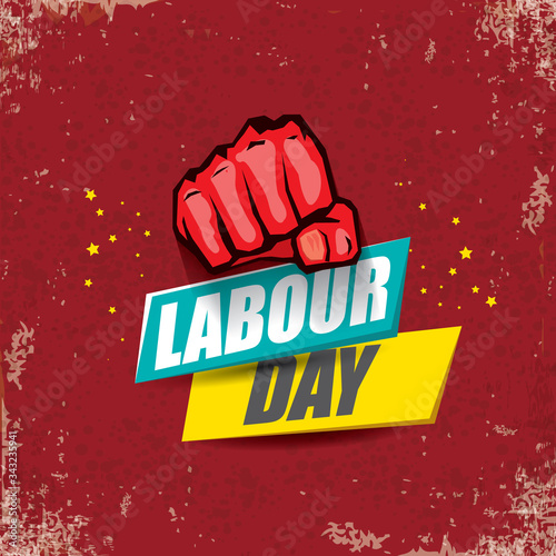1 may Happy labour day vector label with strong protest fist in the air on vintage red background. vector happy labor day background or banner with man hand. workers may day poster