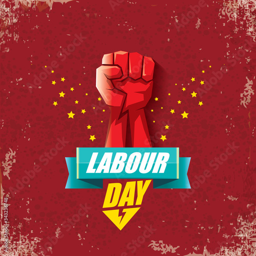 1 may Happy labour day vector label with strong protest fist in the air on vintage red background. vector happy labor day background or banner with man hand. workers may day poster