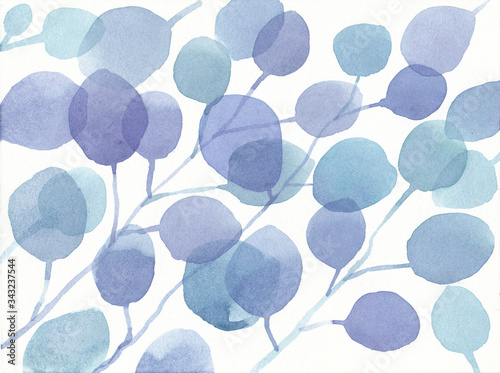 Watercolor abstract background with blue leaves. Blue leaves on a white background. For print, web, banner, postcard, textile.