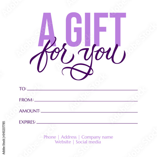 A gift for you - modern gift card template with calligraphic inscription and font. Voucher or gift card design for a friends, shops, beauty salon, barbershop, spa. Vector typography.