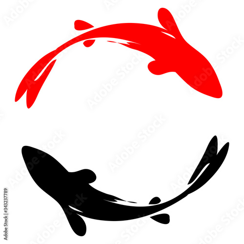 Two fish in a circle in the style of Japanese or Chinese painting, Sumi-e.