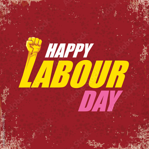 1 may Happy labour day vector label with strong protest fist in the air on vintage red background. vector happy labor day background or banner with man hand. workers may day poster