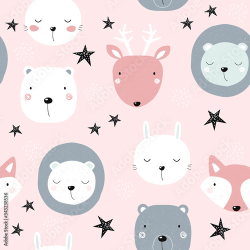 Seamless pattern with cartoon wild animals. Cute childish print. Vector hand drawn illustration.