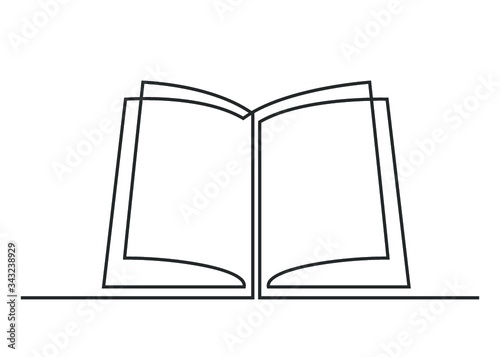 Continuous one line drawing open book with flying pages. Vector illustration on white background.