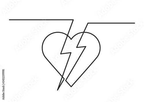 Continuous line drawing of heart strikes by  lightning on white background. Vector illustration. 