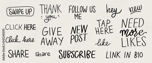 Vector set of hand lettering phrases for social media posts and stories - swipe up, new post, give away, thank you, coming soon, new, follow me, repost, share, tap here, subscribe, and click here