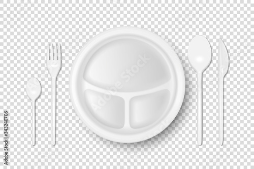 Vector 3d Realistic White Plastic, Paper Disposable Food Dish, Cutlery - Plate, Spoon, Fork, Khife Icon Set Isolated. Top View. Design template, Mock up for Graphics, Branding Identity, Printing
