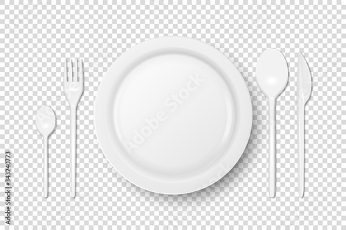 Vector 3d Realistic White Plastic, Paper Disposable Food Dish, Cutlery - Plate, Spoon, Fork, Khife Icon Set Isolated. Top View. Design template, Mock up for Graphics, Branding Identity, Printing