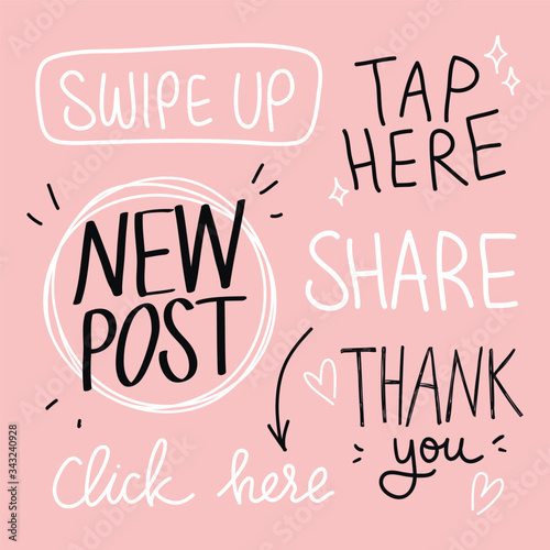 Vector set of hand lettering phrases and doodle elements, arrows for social media posts and stories