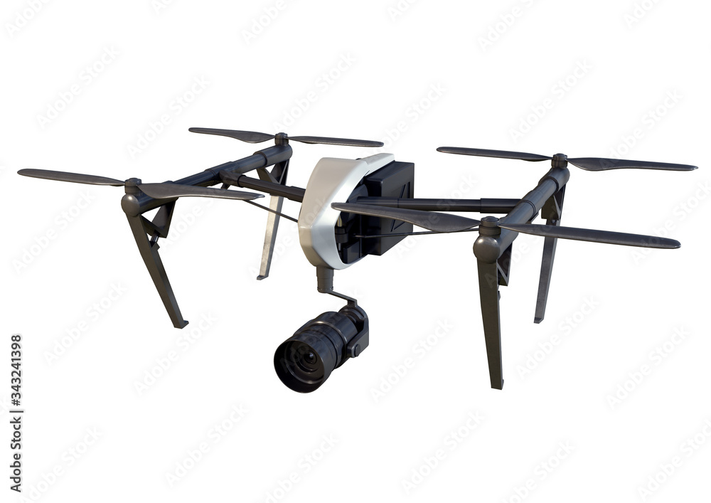 An illustration of a drone with camera made in 3d software.
