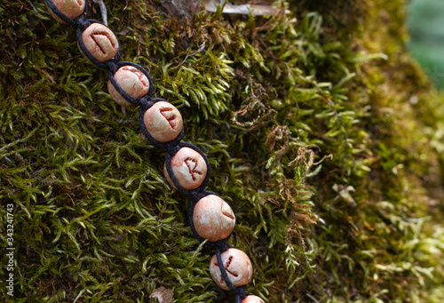 Part of a runic circle, Futhark lies on a tree covered with green moss. Ancient characters and alphabet. Magic symbols or runes are used as a talisman. photo