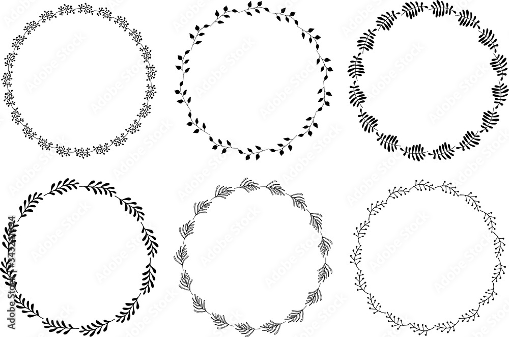 Hand drawn round frames and wreaths isolated on white background. Hand sketched design elements. Unique and ready to use.