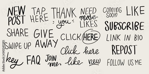 Vector set of hand lettering phrases for social media posts and stories - swipe up, new post, give away, thank you, coming soon, new, follow me, repost, share, tap here, subscribe, and click here