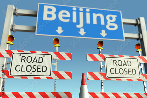 Traffic barricades near Beijing city traffic sign. Lockdown in China conceptual 3D rendering © Alexey Novikov
